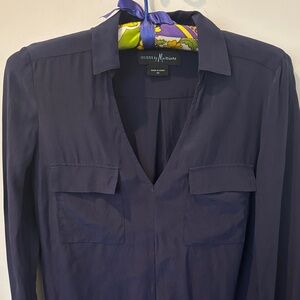 Guess by Marciano 100% silk popover blouse, navy, side slits, pockets, size XS